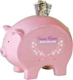 Personalized Pink Piggy Bank with Pink Gray Flower Girl Floral 3L Design