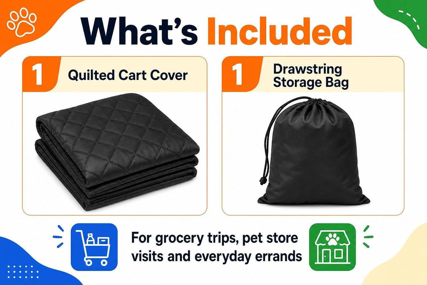 Pet Shopping Cart Cover Quilted Dog Cart Liner Foldable with Storage Bag | Waterproof quilted pet shopping cart cover with storage bag. Lightweight, scratch resistant, machine washable and reusable.
