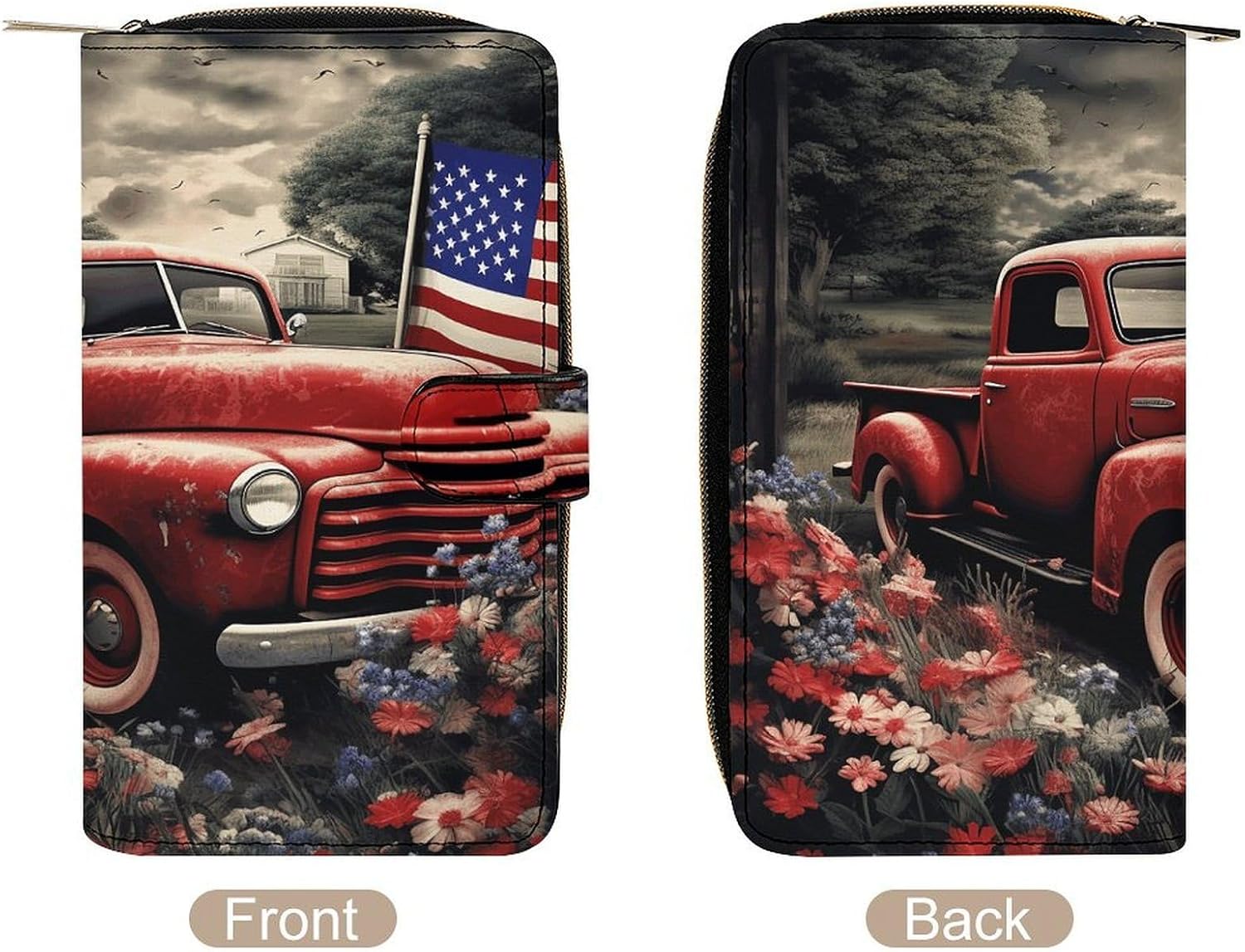 Women PU Leather Bifold 4th Of July Patriotic Old Red Truck Wallets Large Capacity Card Holder Ladies Phone Clutch Travel Purse image 3