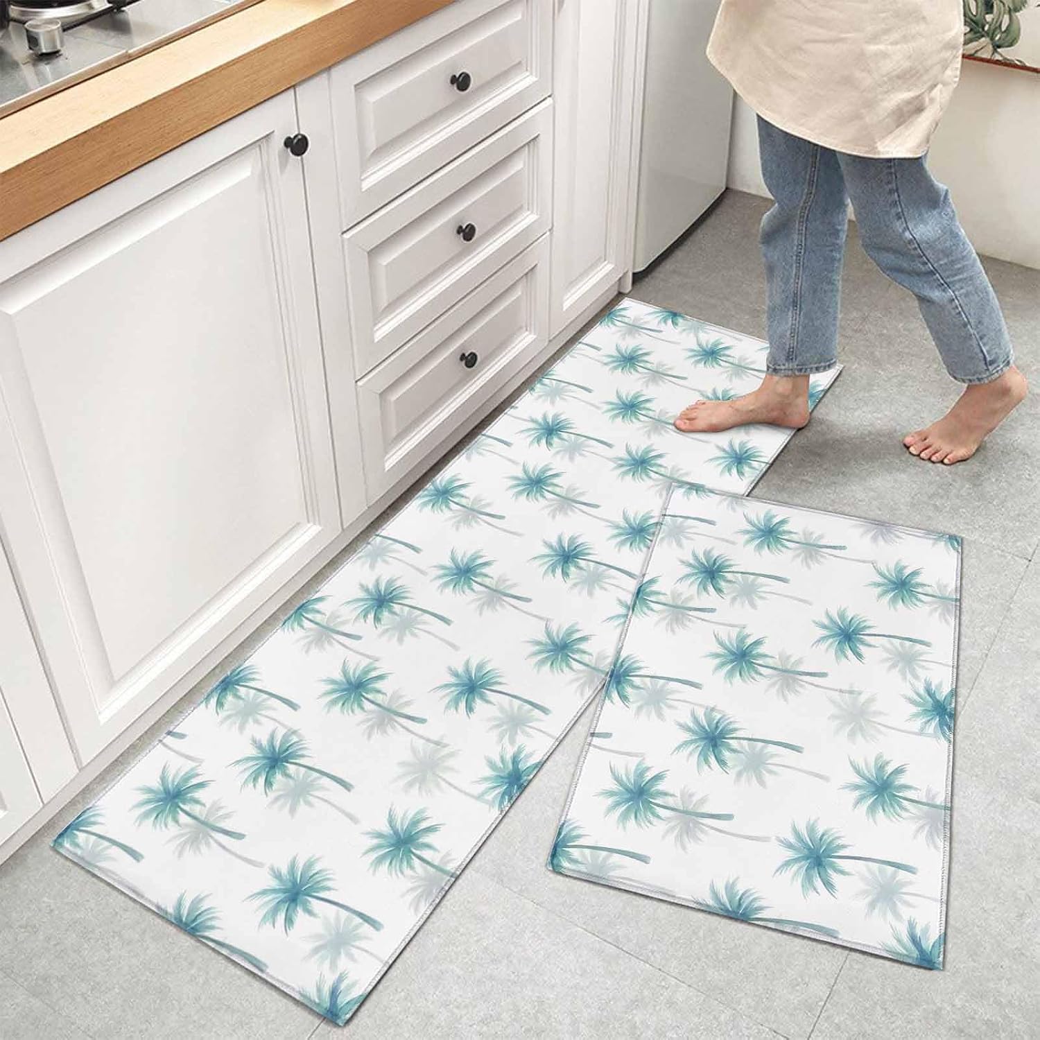 Kitchen Mats for Floor Coastal Teal Palm Tree Seamless Washable Non Slip Kitchen Rugs 2PCS, Summer Tropical Plant Absorbent Standing Mats for Sink Bathroom Office Living Room 15.7x23.6in+15.7x47.2in