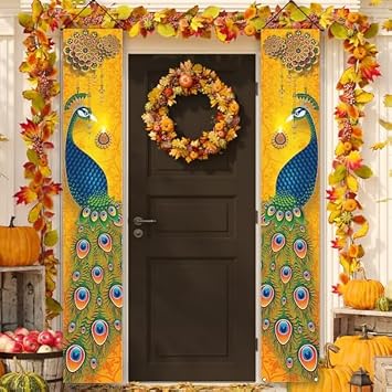 Happy Diwali Porch Banner Indian Diwali Peacock Front Porch Welcome Sign Deepavali Indian Festival of Lights Decorations-1271