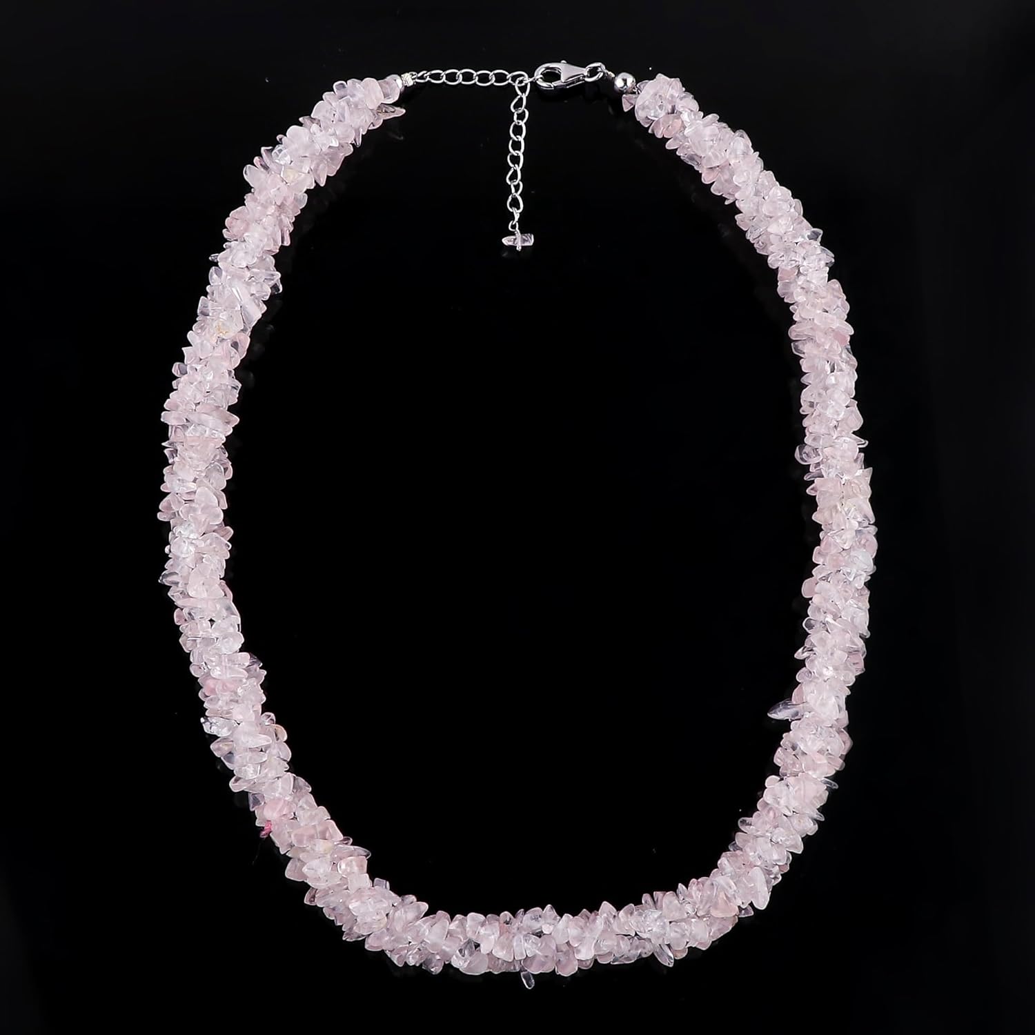 CRYSTALIS Natural Rose Quartz Beads Choker Necklace, Braided Rope Crystals Necklace, Chips Nuggets Beaded Crystals, Chakra & Healing Gemstone, Gift Giving Women Jewelry, 925 Sterling Silver 18 inch - Image 3