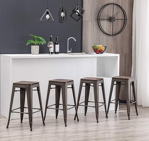 Miniatura 17 de [Juego de 4] Taburete metálico apilable industrial moderno para interior/exterior 17 pulgadas, Metal Plata sin espalda con madera,Sin espalda negro