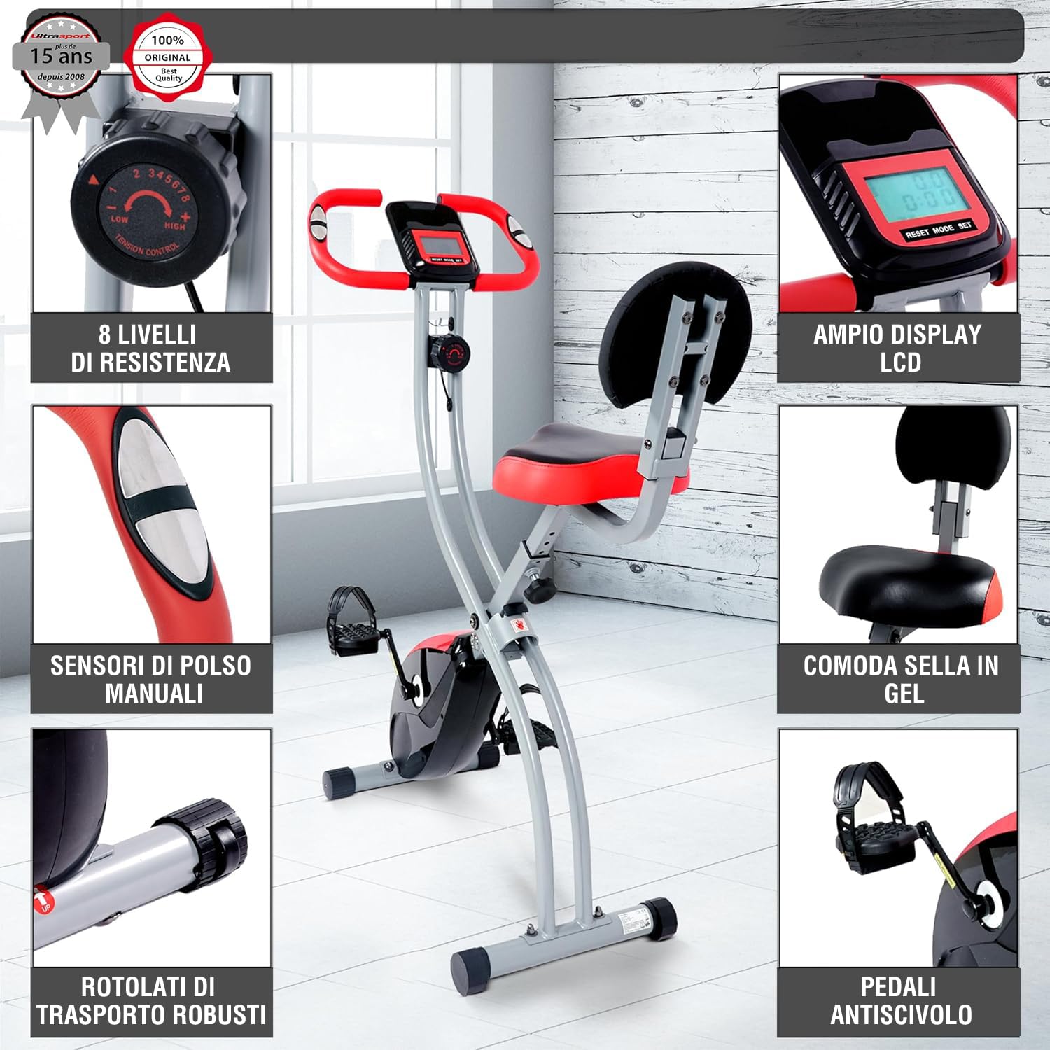 Ultrasport F-Bike 150/200, cyclette, 8 livelli di resistenza, supporto per tablet, sensori di battito manuale, pieghevole, salvaspazio, display LCD, per atleti e anziani