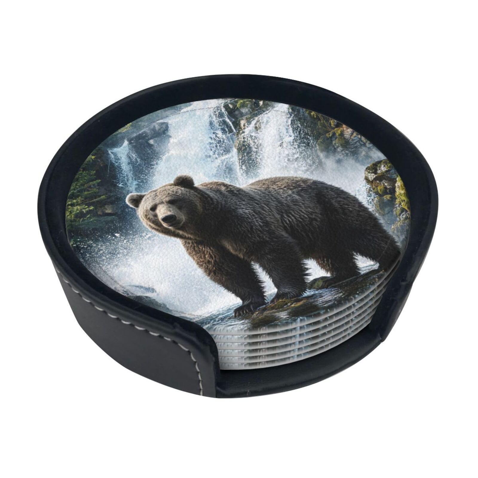 Bear Waterfall Leather Coasters-Set of 6 with Storage Holder