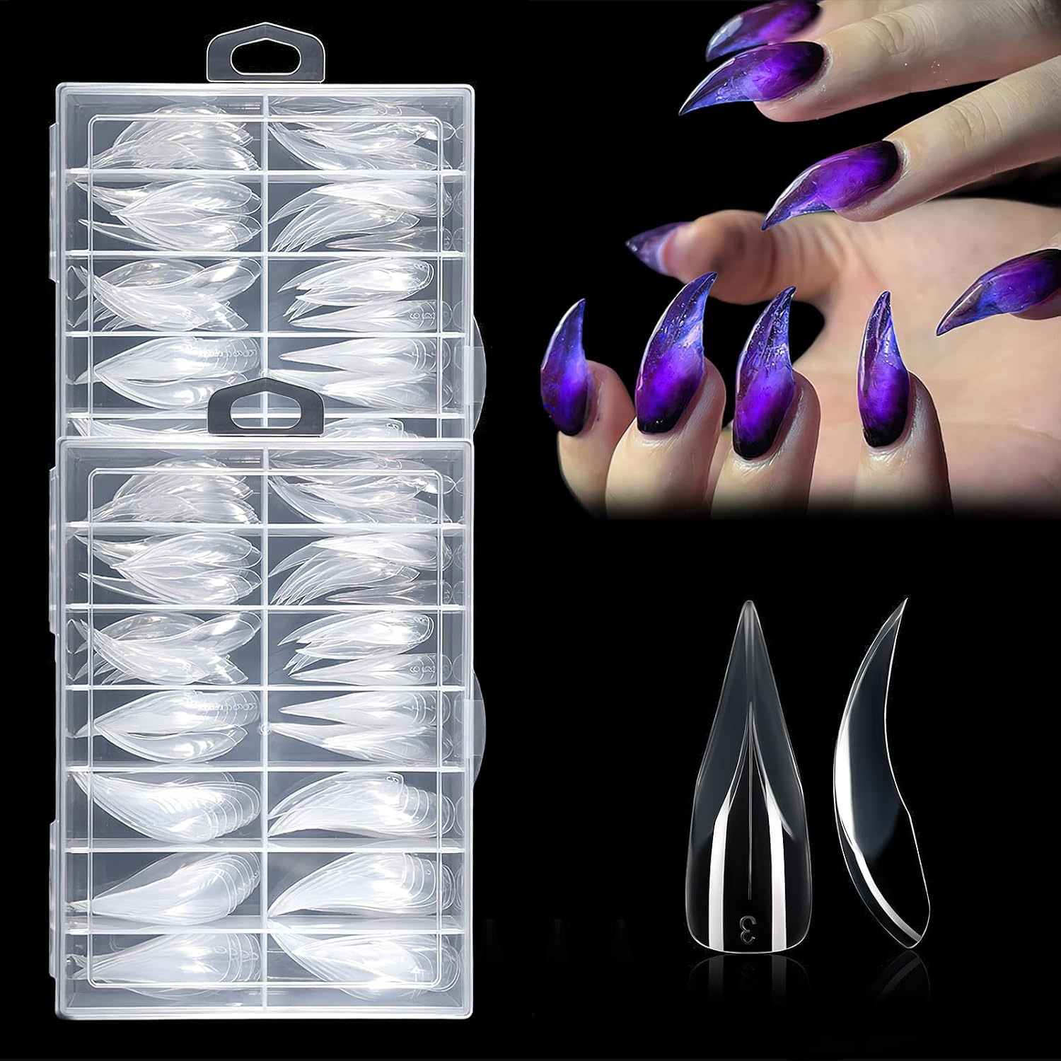Eagle Claw Nail Extension Tips 140 Pcs Pre-Shaped PP Gel Full Cover Long Curved Stiletto False Reusable Nail Tips for Halloween Drag Queen Cosplay Home Salon Nail Art