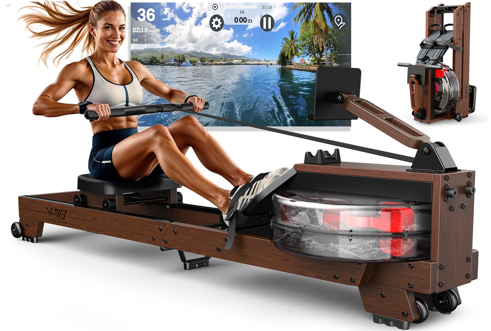 Rowing Machines for Home Gym: Foldable Water Rowing Machine Oak Wood Construction Blutooth Rower Machine Suit for 1.2 m to 2 m User Height & 175 kg Load