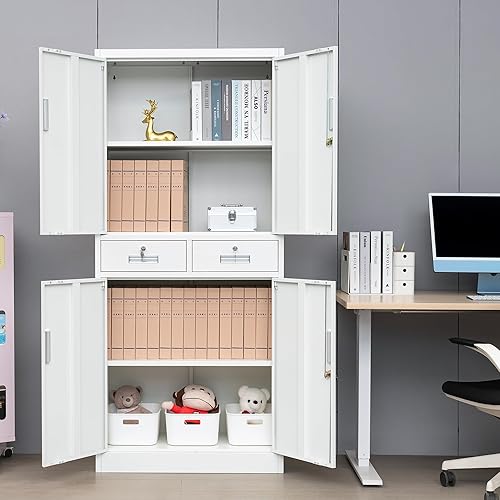 Miniatura 23 de CMY Armario de almacenamiento de metal con dos cajones, gabinetes de acero de 36 pulgadas de alto con estante ajustable, armario de almacenamiento