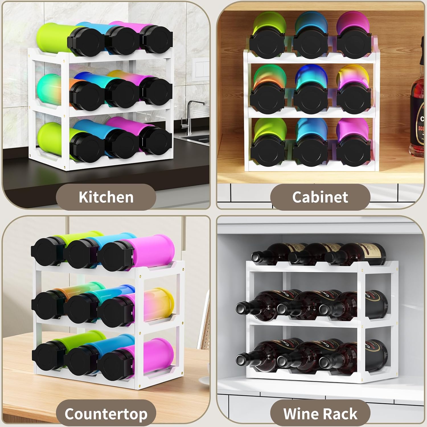 Three colors Water Bottle Organizer Holder, Wooden Water Bottle Storage for Cabinets, Cup Organizer Rack for Stanley & Other Tumbler (3-Tier)