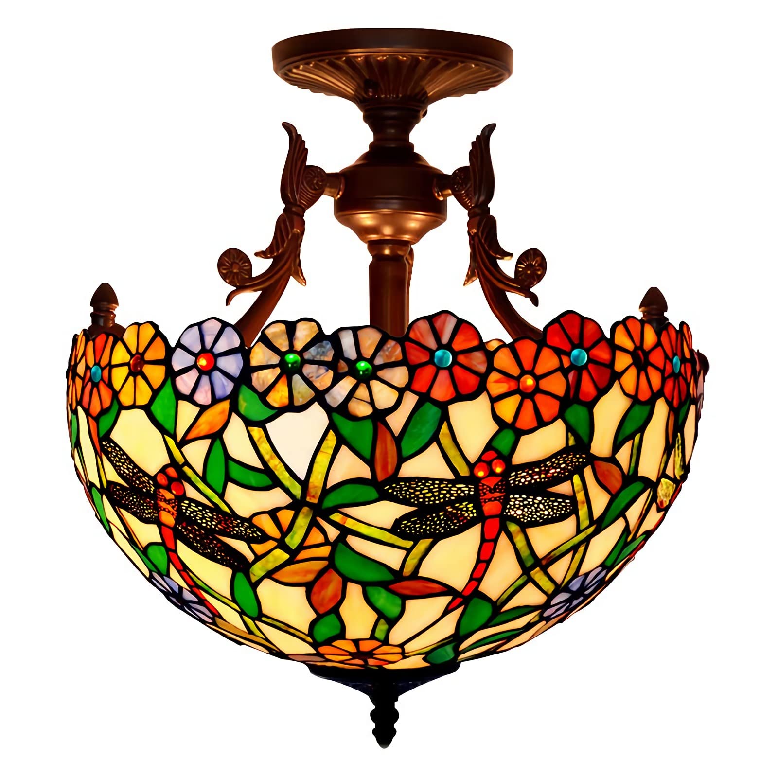 Plafonnier Tiffany semi-encastré en verre teinté victorien à 3 lumières