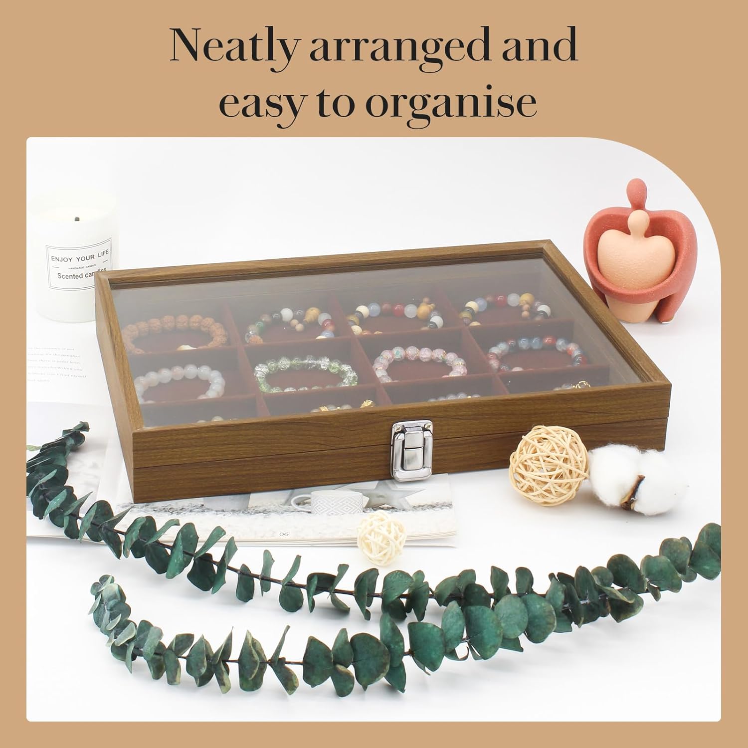 KOOAAICCHI Jewelry Organizer Tray 12 Grid Velvet Jewelry Storage Box with Clear Lid Jewelry Display Case with Lock Bracelet Earring Ring Organizer Showcase Gifts for Girls Women-12 Grid Wooden Brown