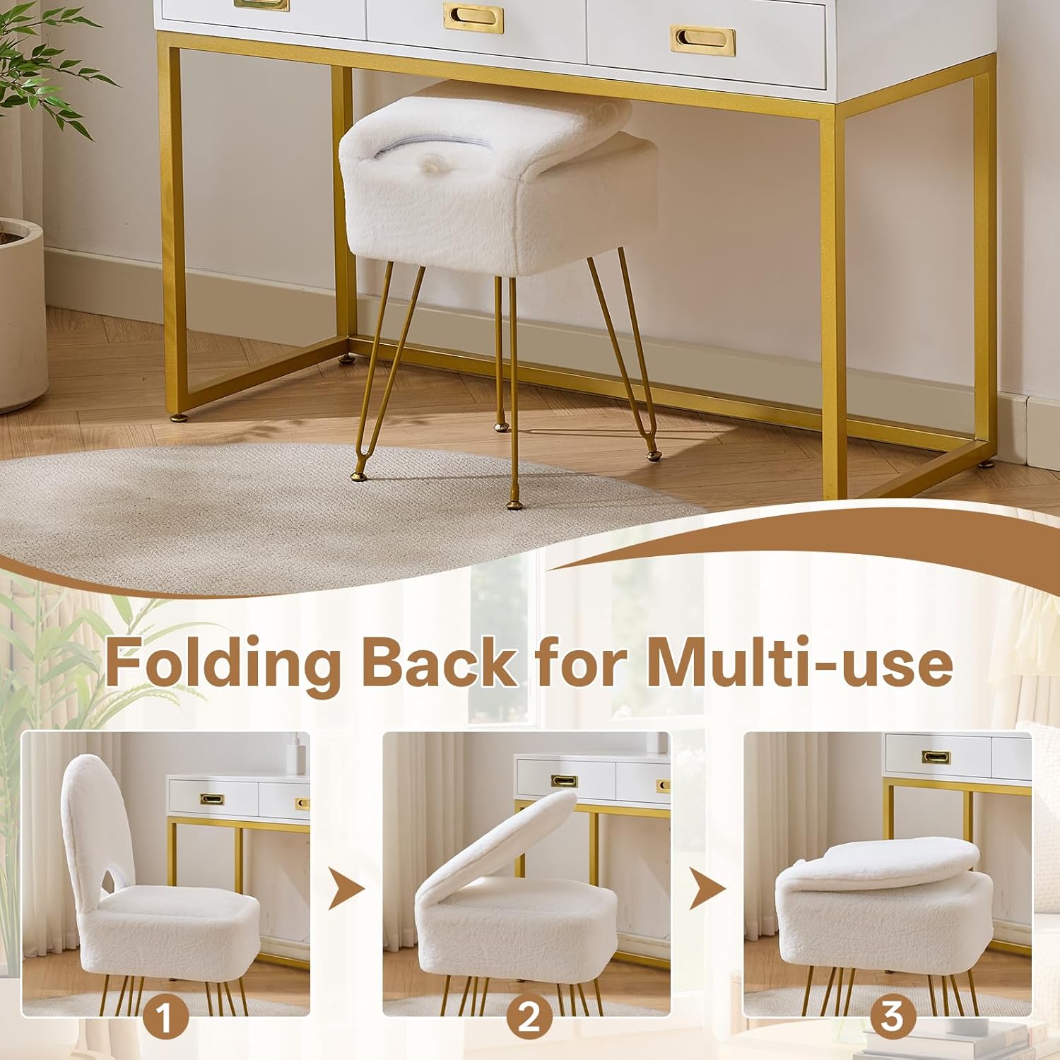 Gitrah White Vanity Chair with Storage, Folding Back Faux Fur Vanity Stool, Makeup Ottoman with Gold Legs for Bedroom/Bathroom
