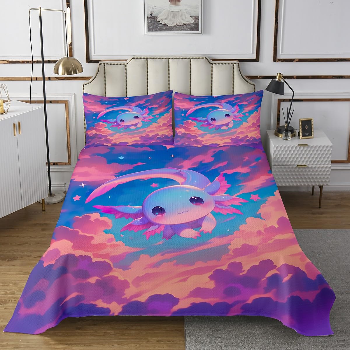 jejeloiu Cartoon Axolotl Bedspread Kawaii Axolotl Bedspread for Kids Boys Girls 3D Animals Theme Coverlet Set Salamander Quilted Bedroom Collection 3Pcs King Size