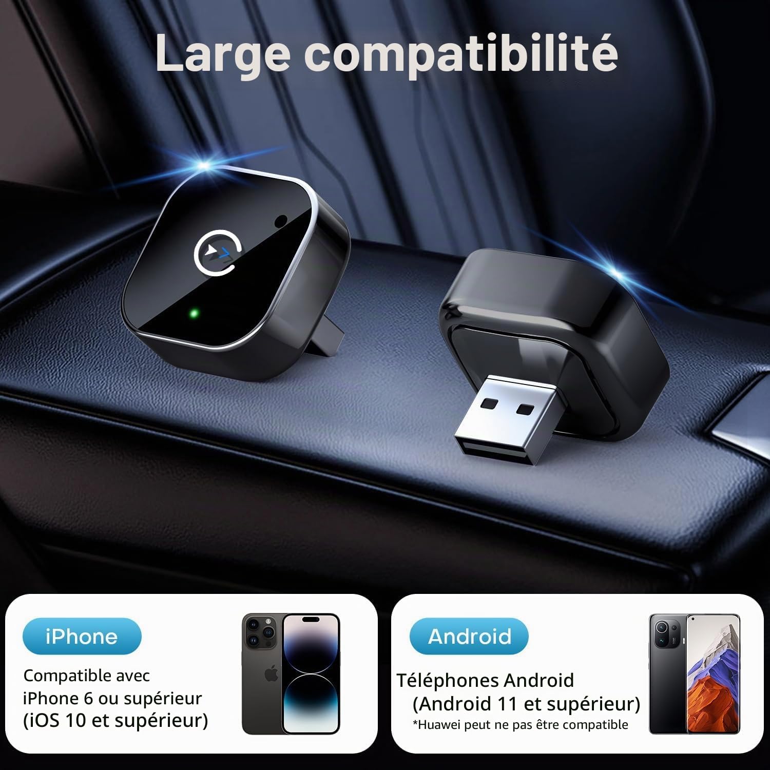 Adaptateur CarPlay Android Auto sans Fil 2026, Bluetooth 5.3 WiFi 6, Plug & Play USB-A avec câble USB-C, Connexion Stable pour iPhone et Android, Navigation Musique appels Voiture sans câble