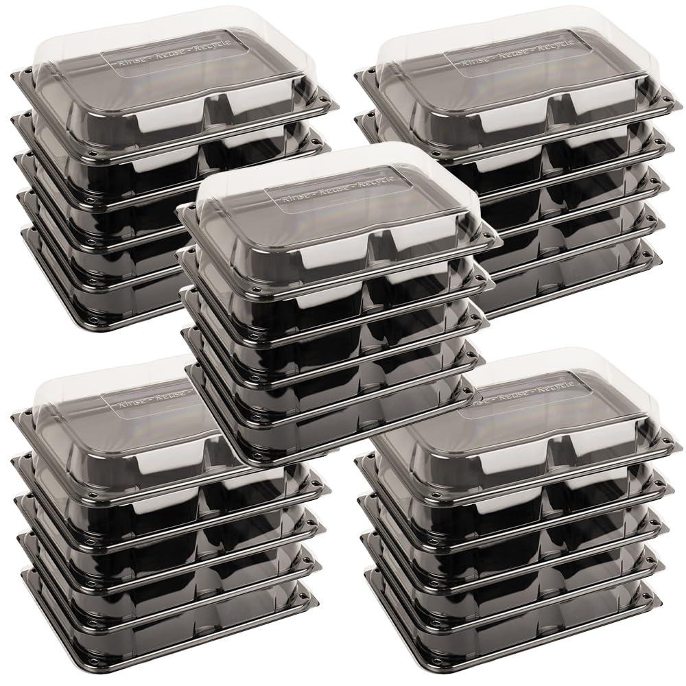 delisupplies 25 x Ultimate Medium Sandwich Platter with Lid, Unique Press Stud Secure Closing, Rectangle Food, Cake, Tray Set Black Base Clear Lid Serving Platters for Buffet, Catering, 350 x 250mm