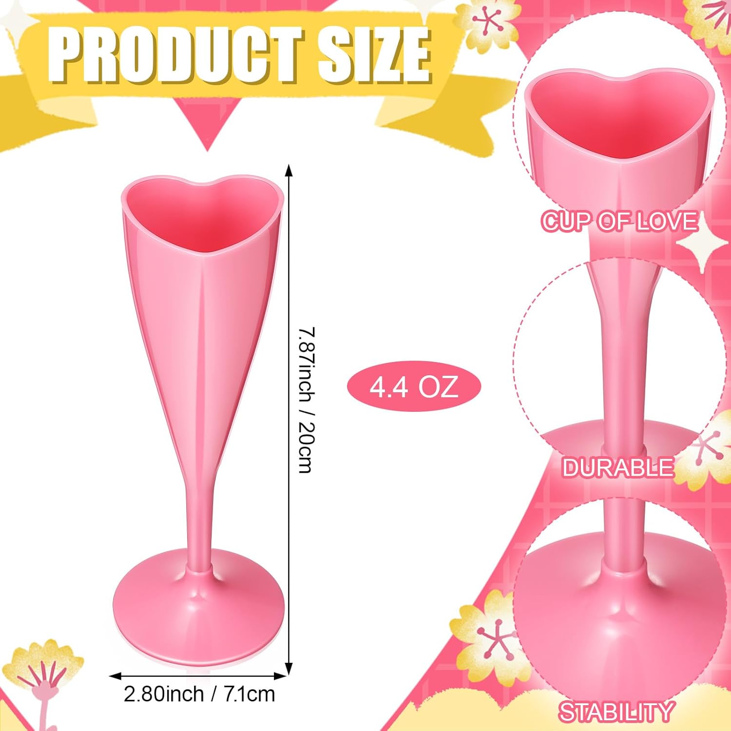24 Pcs Valentines Day Heart Shaped Champagne Flutes Plastic Goblet Cups 4.4oz Disposable Toasting Glasses Wine Cups for Galentine Bachelorette Wedding Bridal Shower Party(Clear,Pink) - Image 2