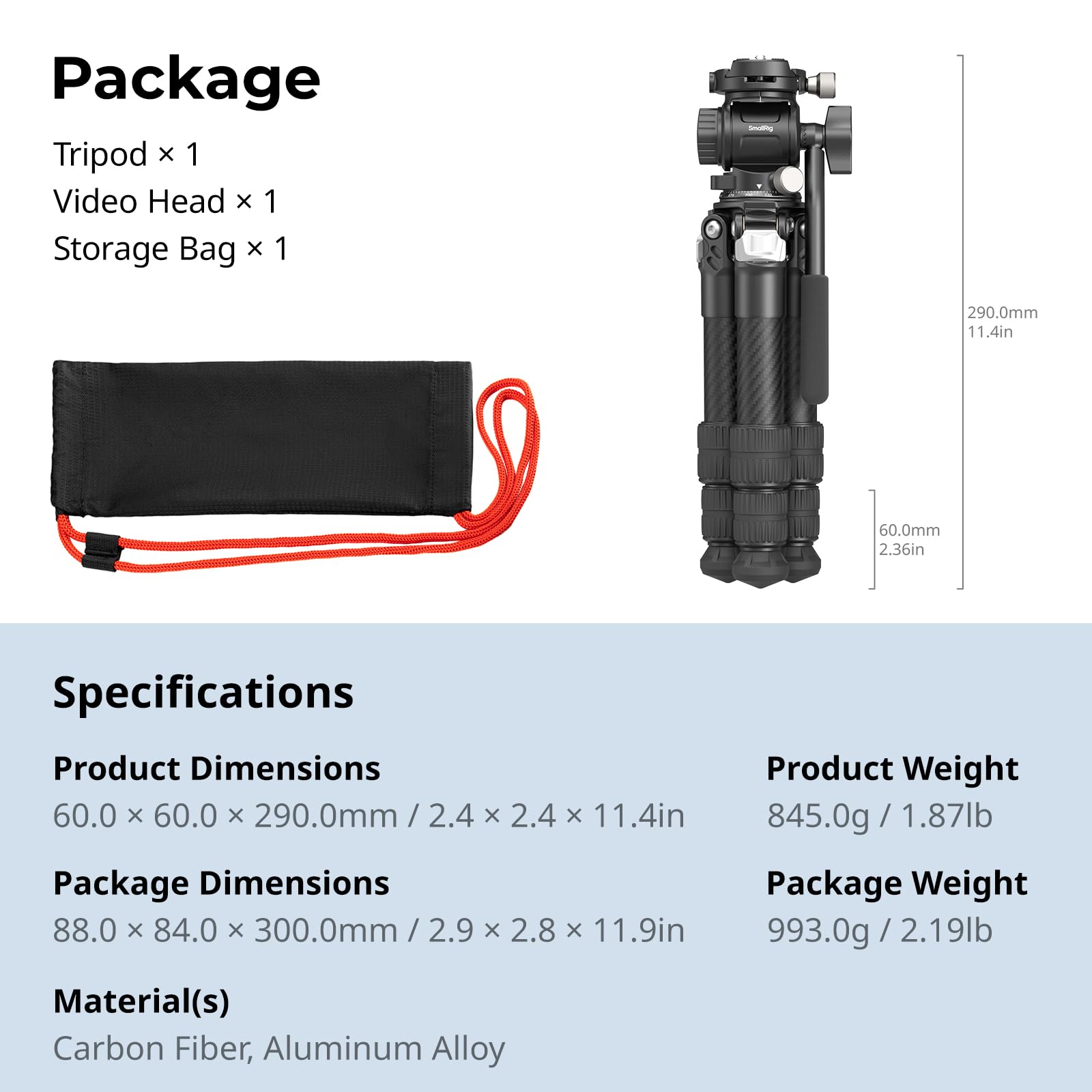 SMALLRIG Kit Treppiede da Tavolo Portatile in Fibra di Carbonio, Tavolo Compatto da 17'' con Testa Video ad alta Capacità di Carico, Carico Massimo 3 kg/6,6 libbre per Fotocamere, DSLR