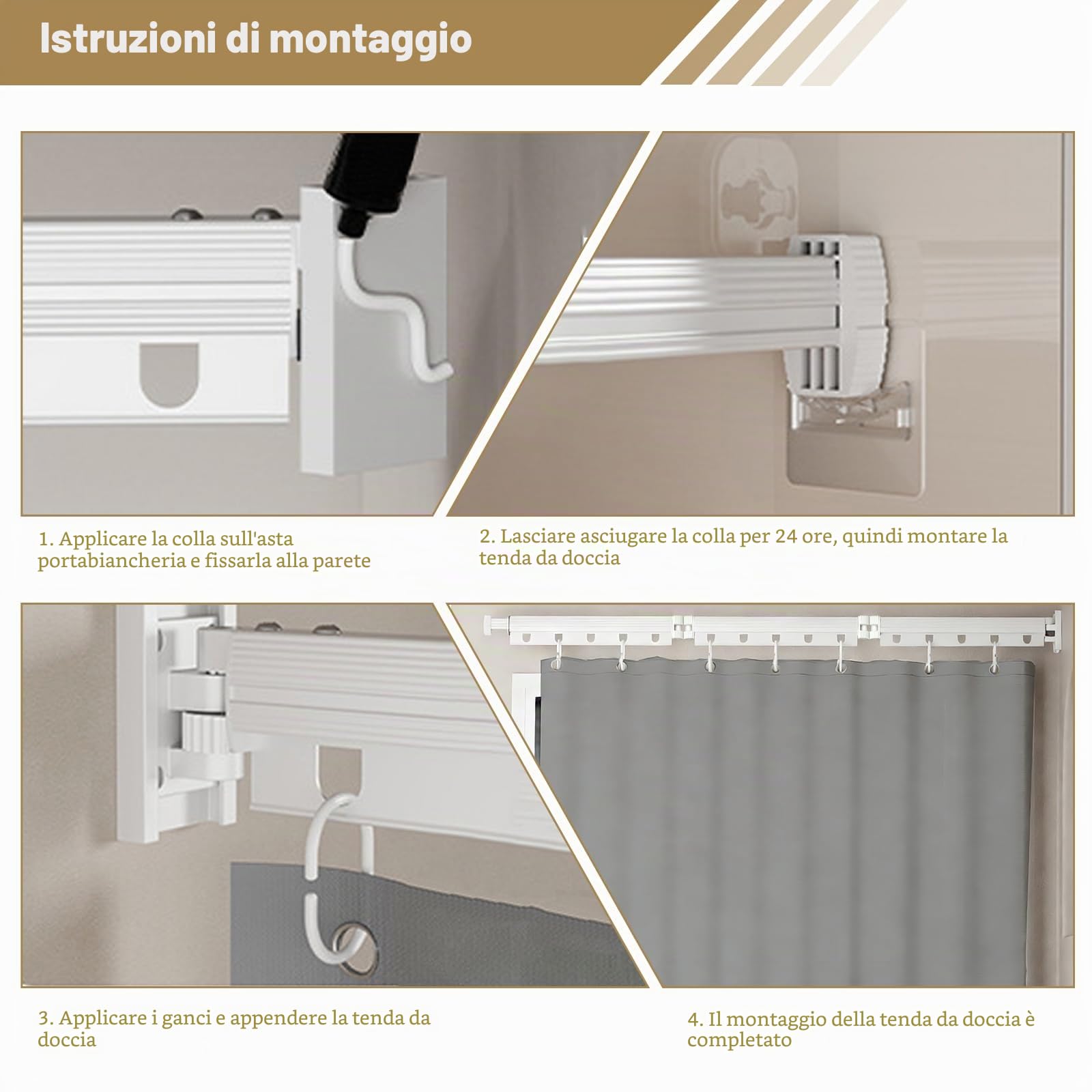 Barretta per tenda da doccia pieghevole, senza foratura, pieghevole e rotante in 4 posizioni, in lega di alluminio, con tenda da doccia impermeabile anti-muffa, 180 x 200 cm, per bagno