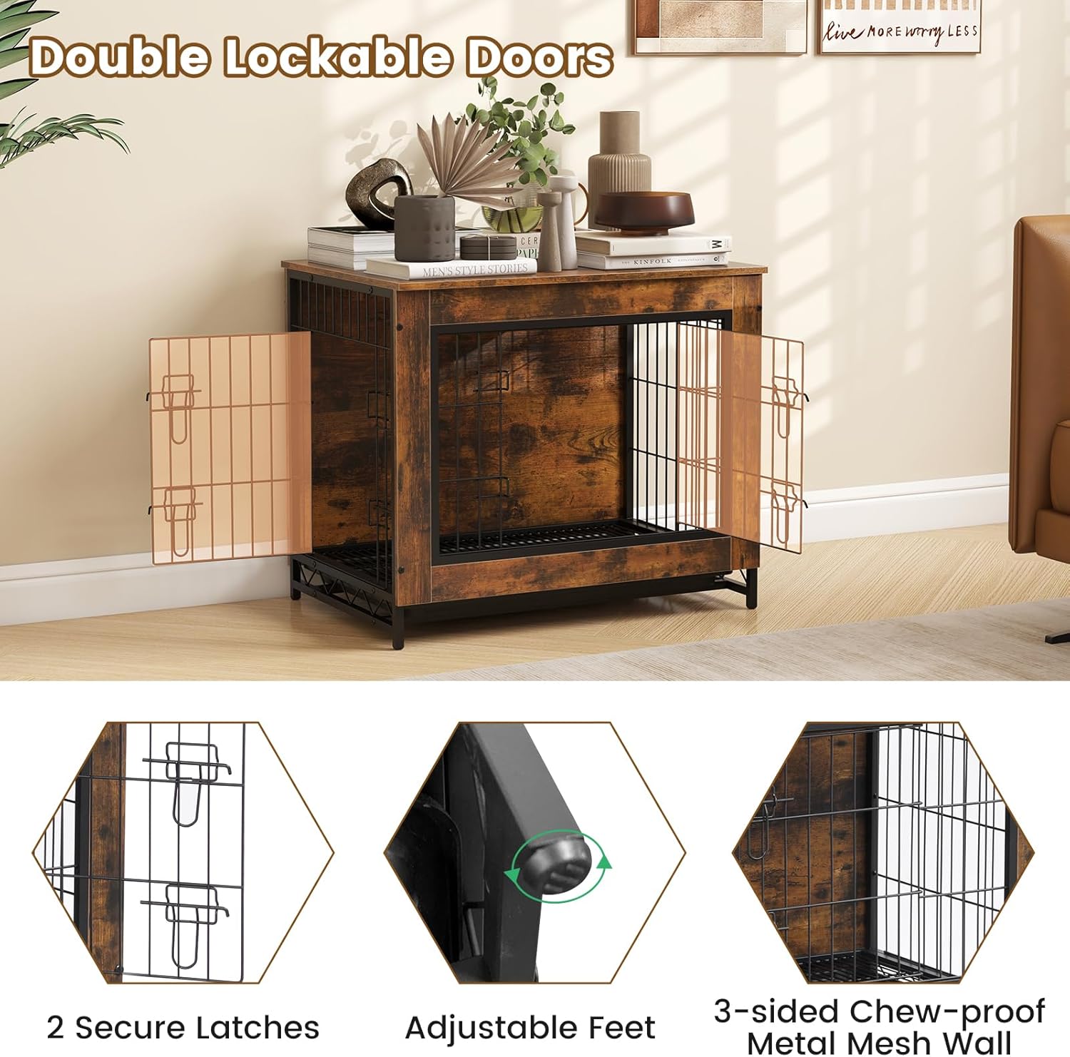 PETSITE Industrial Dog Crate Furniture with Removable Tray, Wooden Dog Crate with Double Doors, Dog Furniture End Table, Dog Kennel Indoor for Small or Medium Dogs, Rustic Brown (27 x 20 x 24 inch)