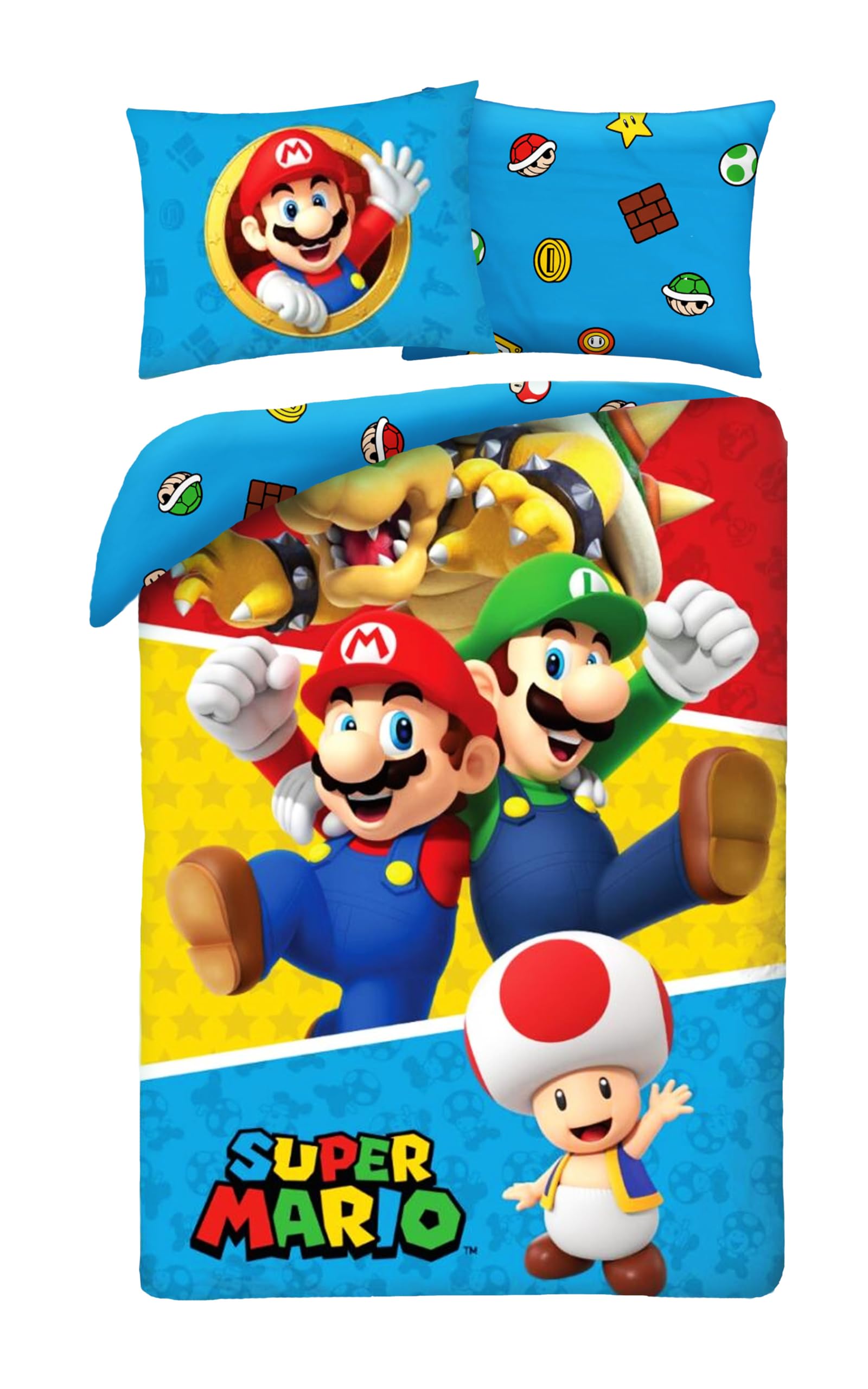 Halantex Multi-Coloured Super Mario Bed Set With Luigi Toad Bowser – Duvet Cover 140 X 200 Cm With Pillowcase 70 X 90 Cm – 100% Cotton