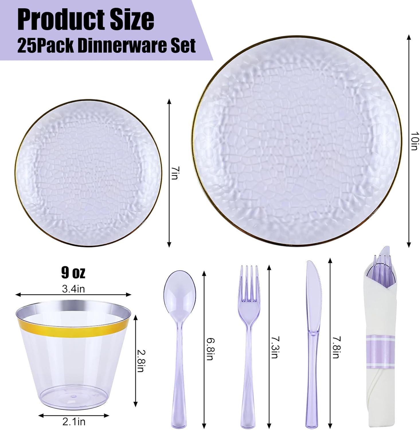 175PCS Gold and Purple Plastic Dinnerware Set – Clear Purple Disposable Plate with Gold Rim Include Pladtic Plates, Dessert Plates, Cups, Rolled Cutlery, Elegant Party Tableware for Weddings