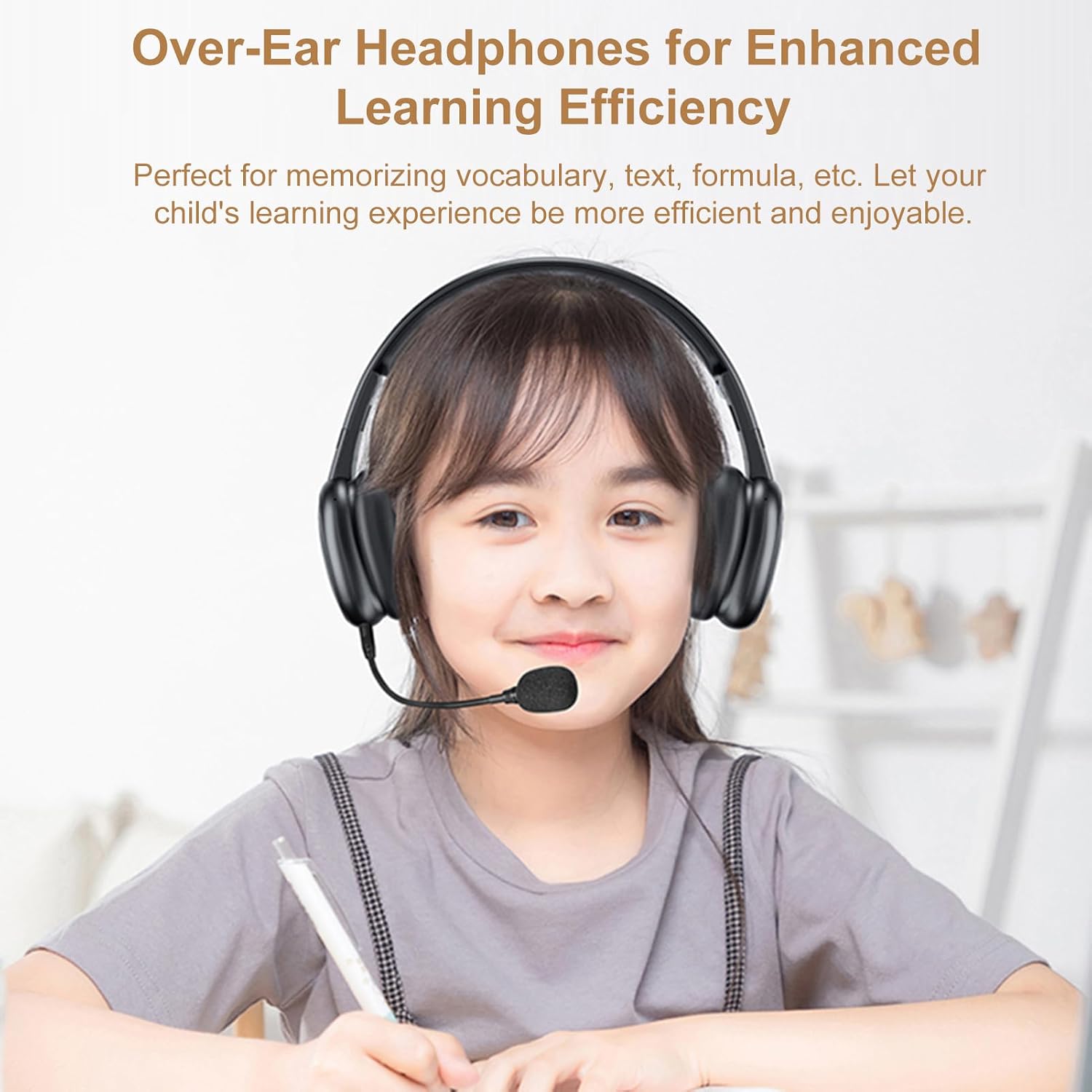 Study Headphones with Real Time Monitoring, BT 5.4 Wireless Headset Recite BT TF Card Modes Detachable Microphone 40mm Driver 1000mAh Battery Comfortable Fit for Language