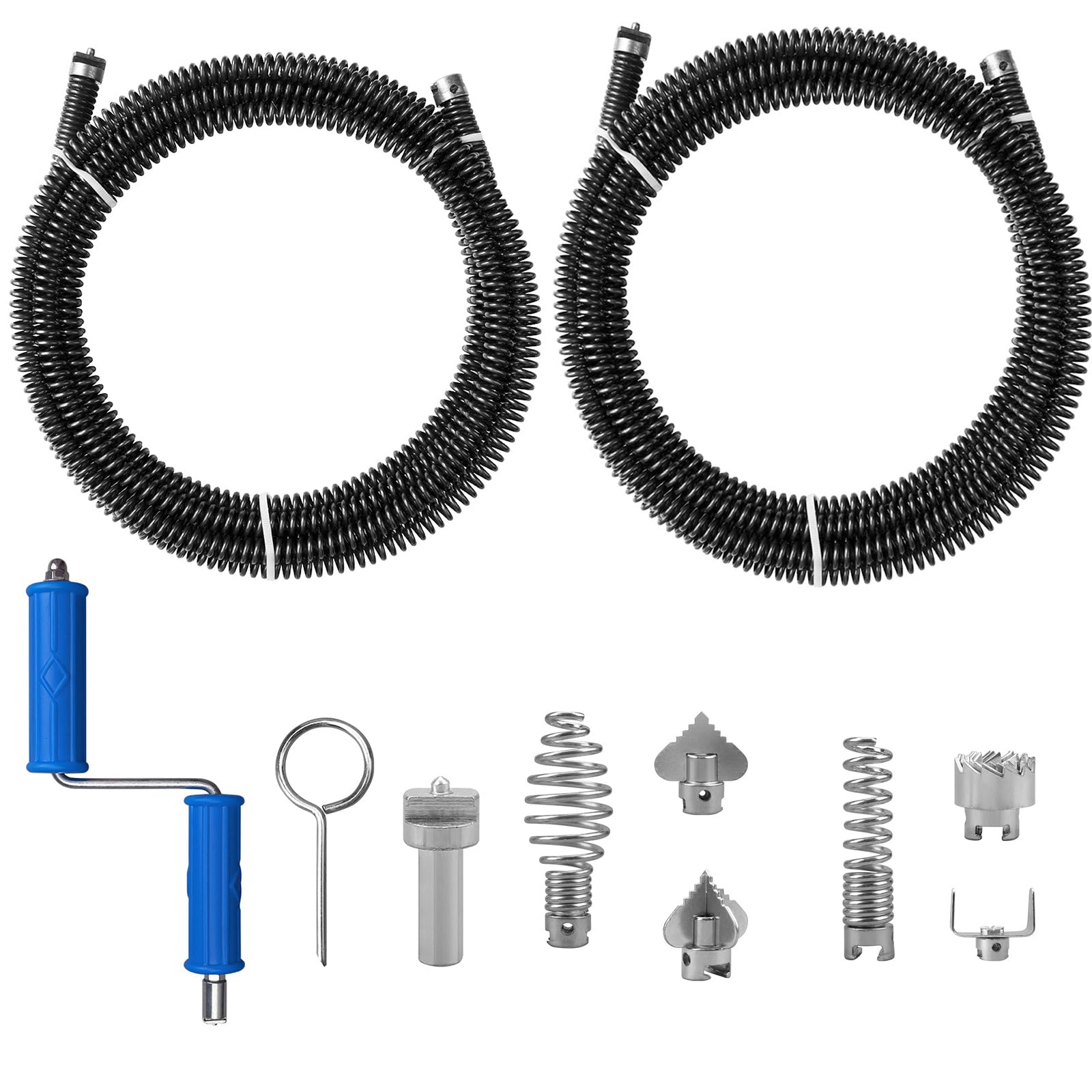 2 Sets of Pipe Cleaning Spiral for Electric Pipe Cleaning Machine, 5 m, Spiral Diameter 12 mm, with 8 Pieces Drain Cleaner, Cutting Head and Manual Adapters