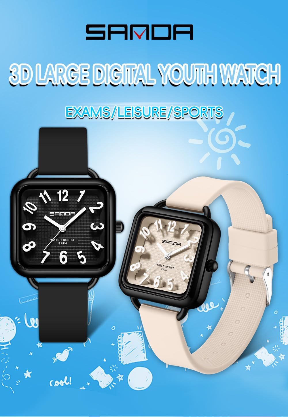 FANMIS Women Fashionable Square Analog Quartz Watch Easy Read Waterproof Unisex Big Numbers Sport Watch with Colorful Silicone Band,Minimalist Exam Wristwatch