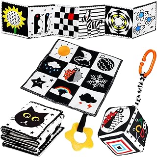 Jiosdo Baby Toy 0-3 Months, Contrast Toy Baby Fabric Book Crinkle Cloth Cube, Contrast Book Black White, Black & White Pram Toy Gift Sets Baby Toy 0 3 6 12 Months (3 Pieces)