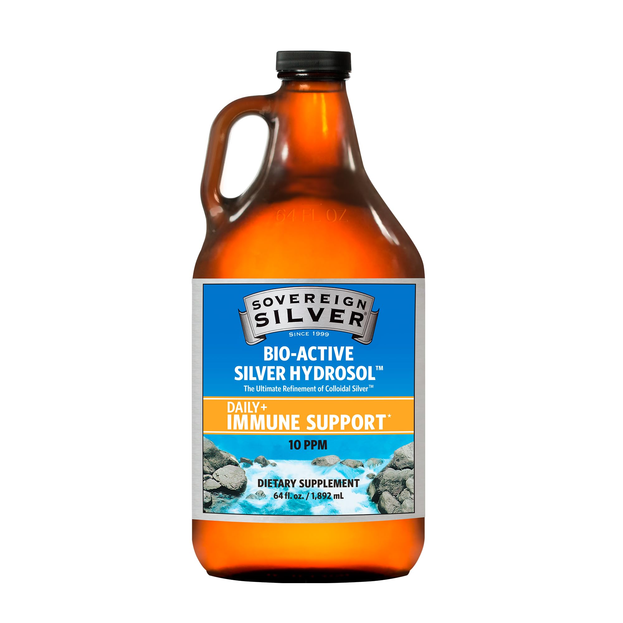 Sovereign Silver Immune Support - Colloidal Silver, Bio-Active Silver Hydrosol, 10 ppm, Liquid Twist Top, 64 Fl Oz, (1,892 mL)
