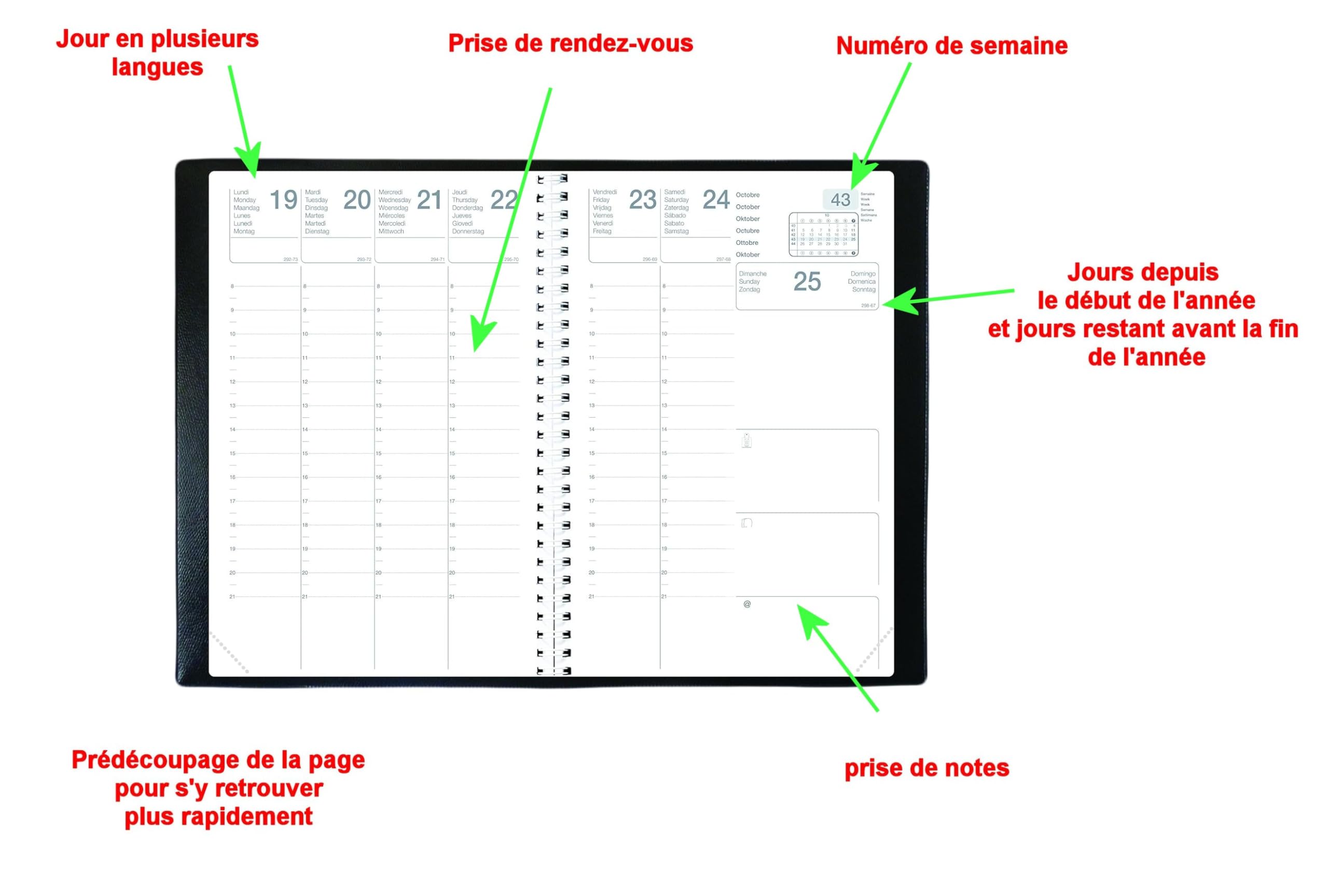Agenda 2027 Semainier Spirale 16 x 24 cm 1 Semaine sur 2 Pages France Couverture PVC