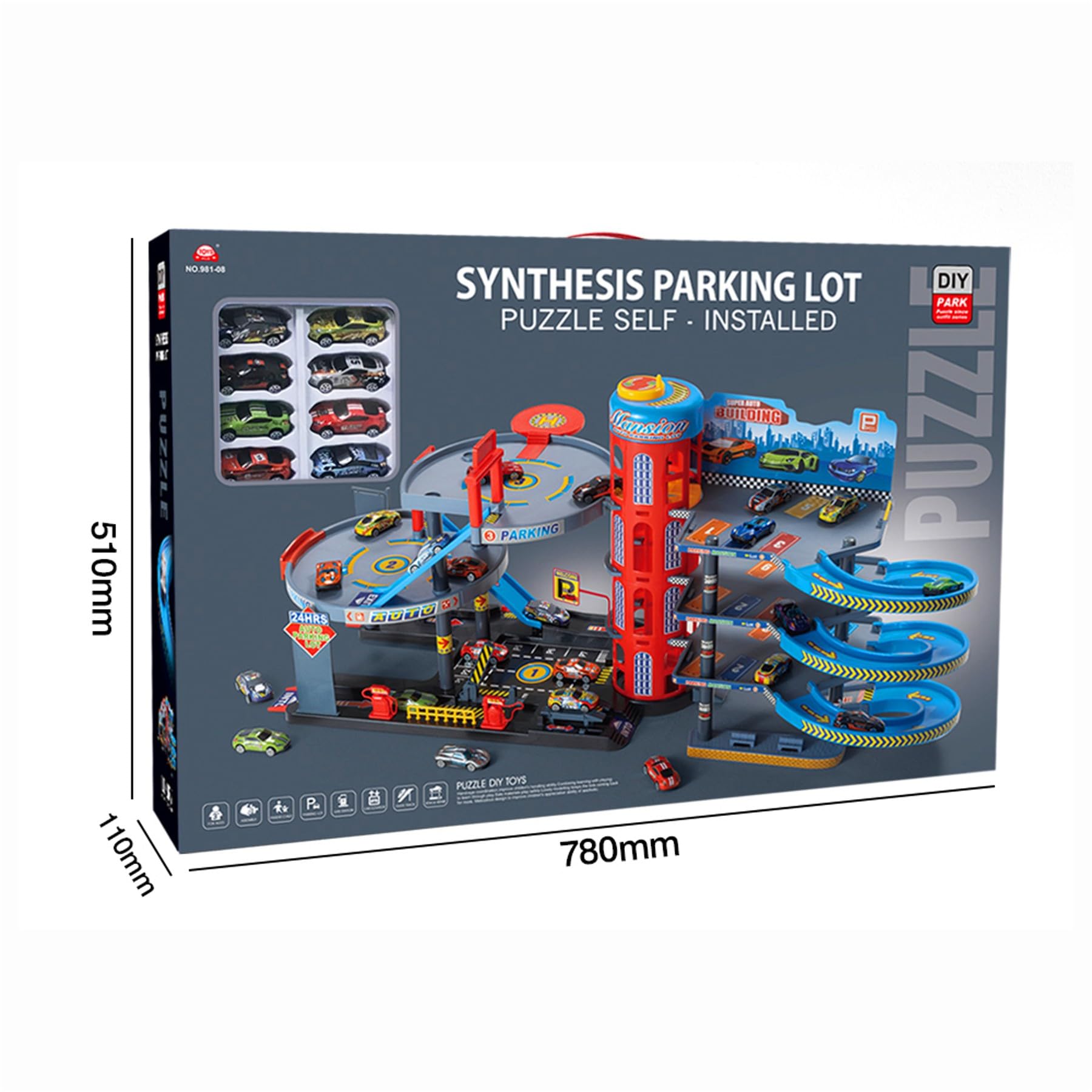 Grande parcheggio con 8 auto giocattolo – Parcheggio per bambini dai 3 anni in su, garage giocattolo con ascensore, rampe e cartelli stradali, set da gioco in plastica, multicolore