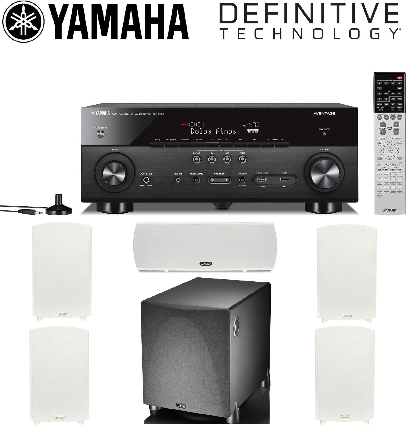 Yamaha RX-A760BL 7.2 Channel Network AV Receiver + 2 Pairs of Definitive ProMonitor 1000 Bookshelf + Definitive Technology ProCenter1000 Center Speaker + Definitive ProSub 1000 Speaker Bundle Leather Bound