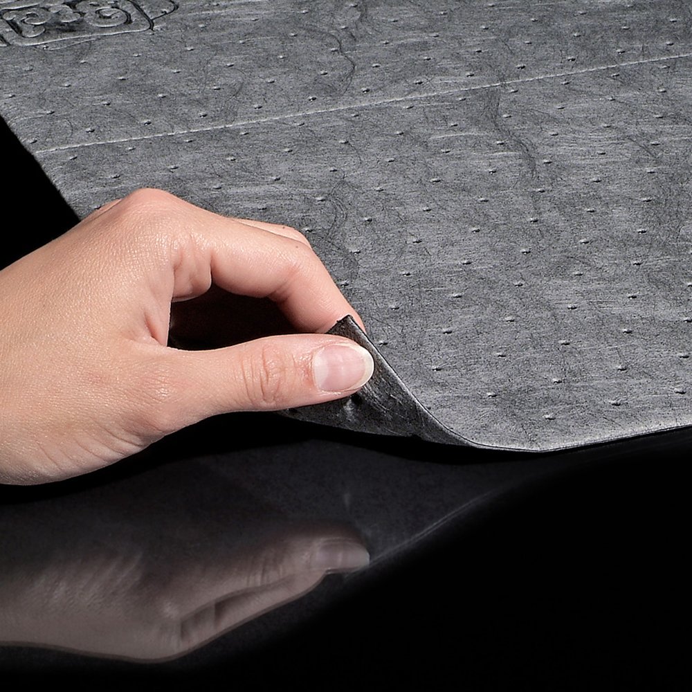 PIG Absorbent Mat Pad in Dispenser Box, 22 oz Absorbency Per Pad, Mediumweight, Absorbs Oils, Coolants, Solvents & Water, (100) 20" x 15" Gray Pads Per Box, MAT154