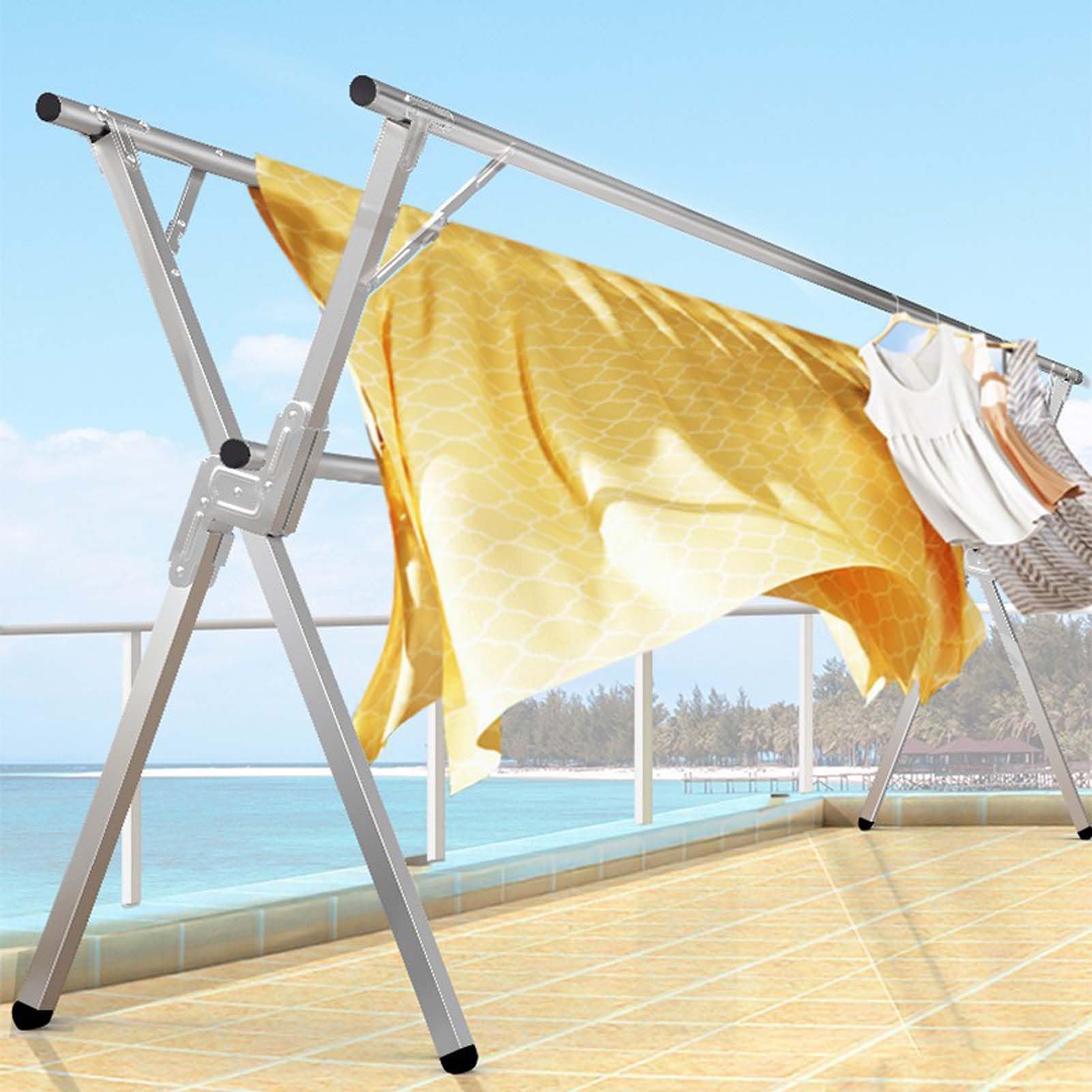 Étendoir à linge réglable pliable acier inoxydable support vêtements robuste 2,4 m