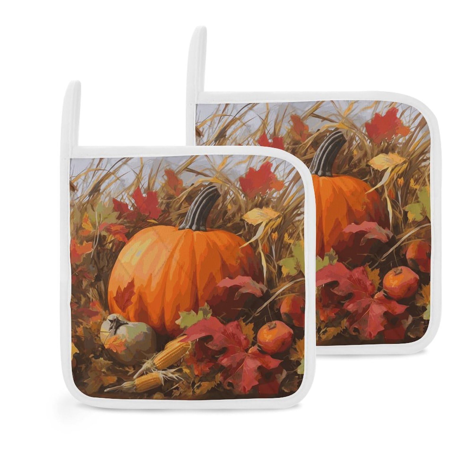 Btcowzrv Style Harvest Pumpkin 2 Pack Pot Holders For Kitchen, Heat Resistant Potholder Set With Hanging Loops, Hot Pads For Oven Baking Cooking