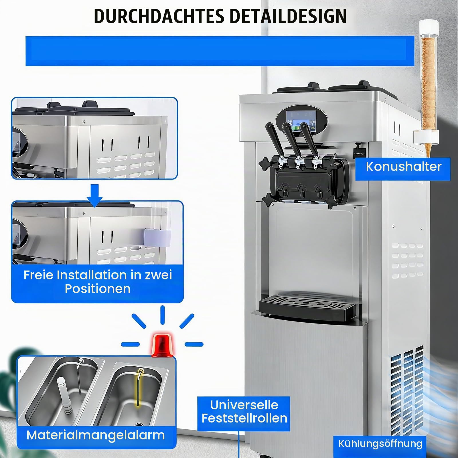 Kommerzielle Eismaschine, 20–28 L/h 2200 W, Kommerzielle Softeismaschine, Gewerbliche Eiscrememaschine mit 3 Aromen & 2 x 6L & LED-Panel, für Restaurant, Café (8228H)