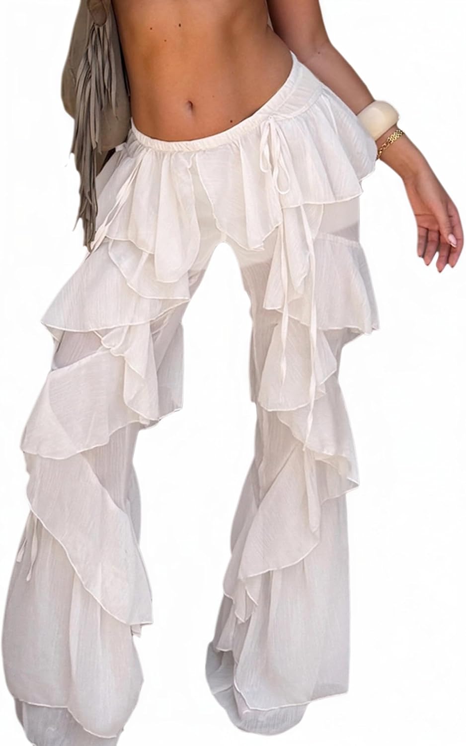 Women Summer High Waist Flared Pants Boho Ruffle Sheer Mesh Beach Vacation Party Festival Outfit Resort Wear
