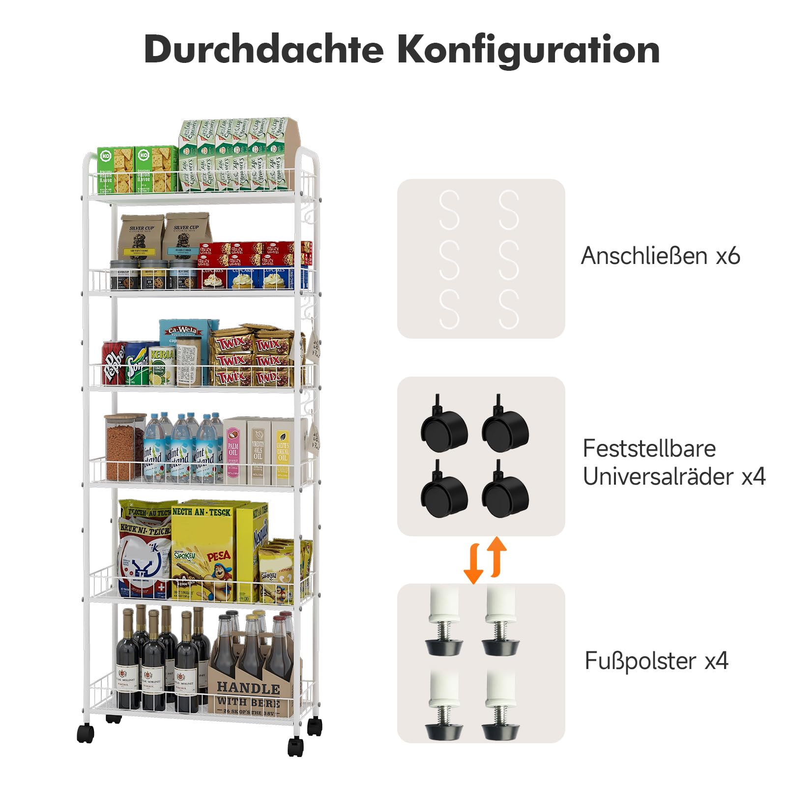 HAUSPROFI Küchenregal Schmal, 6 Etagen Regal mit Rollen, 4 Abschließbaren Rädern und Fußpolstern, 6 Haken, Griff und Korb, für Enge Räume wie Küche, Badezimmer usw., Weiß (58,0 × 25,4 × 155,5 cm)