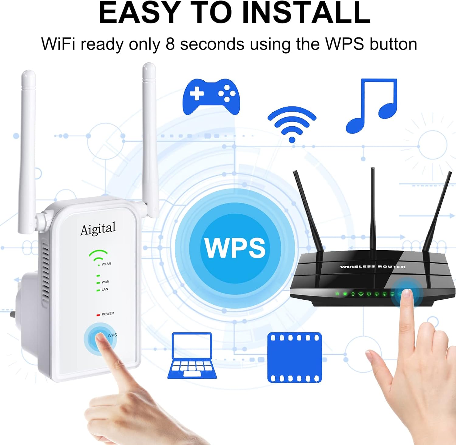 Diagram showing how to set up the WiFi extender using the WPS button on both the extender and the router.
