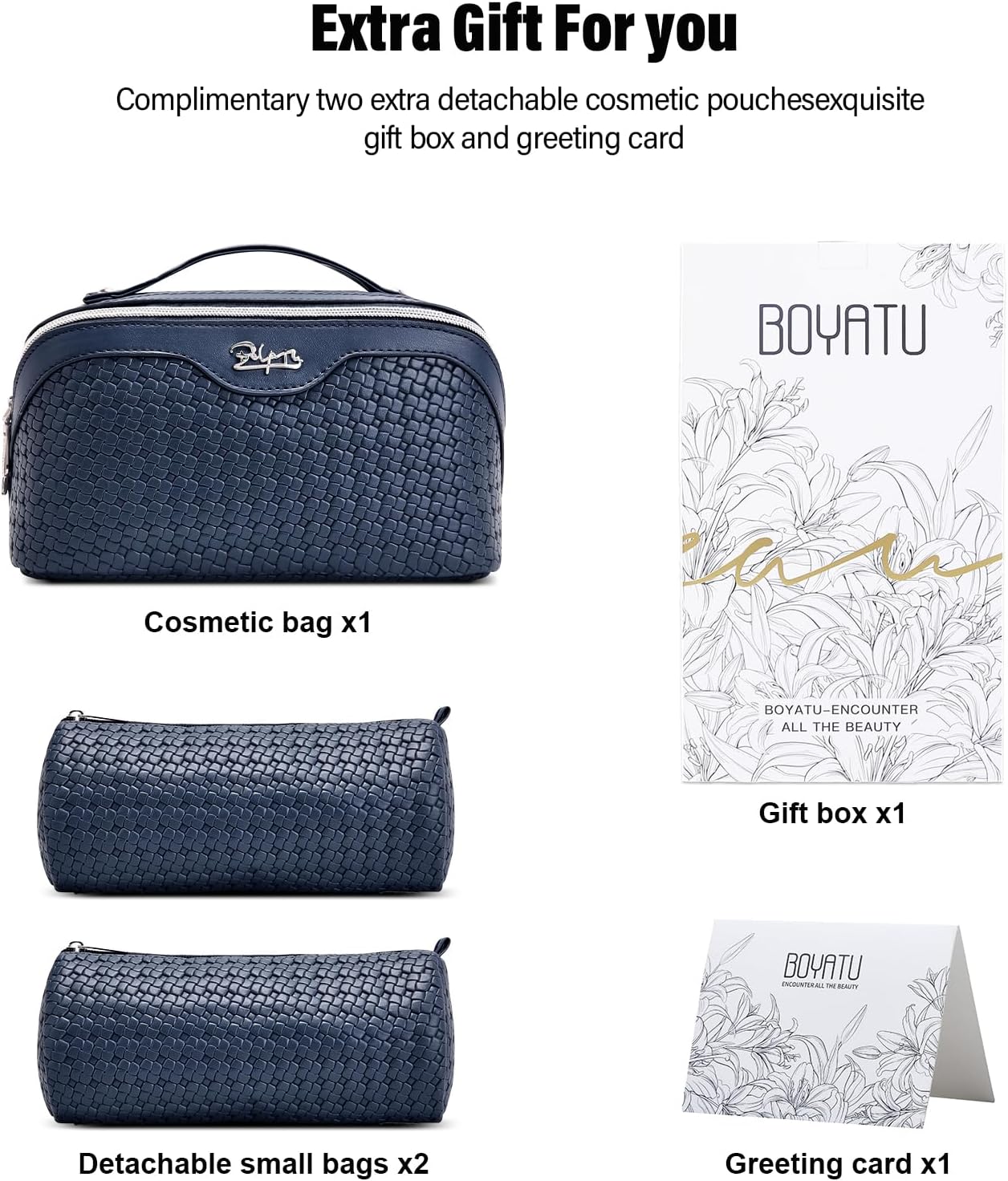 BOYATU Travel Makeup Bag Cosmetic Bags for Women: Large Capacity 3 Pcs Set Make up Bag with Compartments - Waterproof Vegan Leather Toiletry Organizer Bags with Handle (L40 Blue) - Image 6