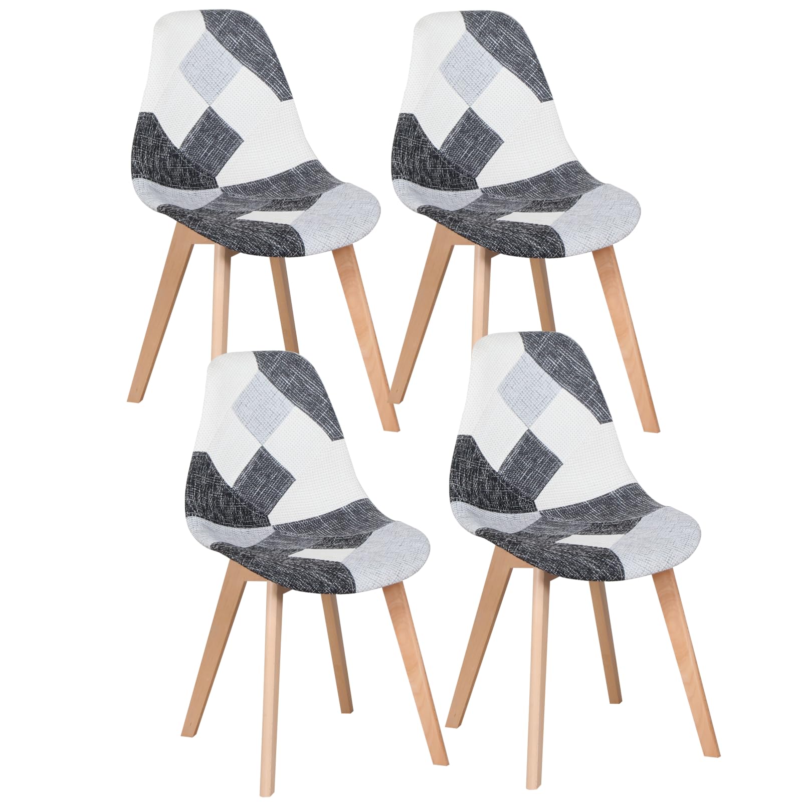 GrandCA HOME Zestaw 4 krzeseł do jadalni skandynawskich w patchworku, 4-częściowy zestaw skandynawskich foteli w stylu patchworkowym, tapicerowane krzesła, do kuchni, biura lub salonu, nogi z buku