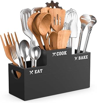 Livelab Utensil Holder with 3 Compartments, Wooden Utensil Holder for Kitchen Counter Decor, Vintage Farmhouse Cooking Flatware Countertop Organizer for Silverware Fork Spoon Spatula | Black