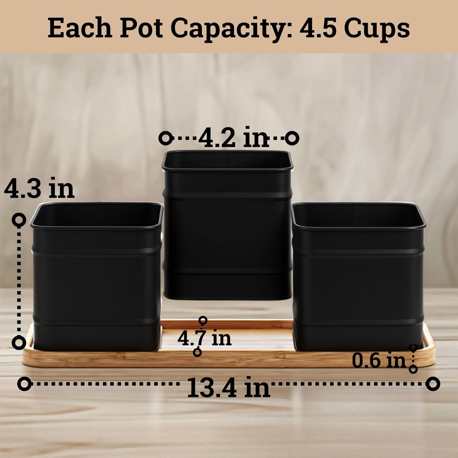 Herb Planter Indoor - 3 Iron Herb Pots with Drainage Holes, Varnished Bamboo Tray, Customizable Labels & Marker Pen - Indoor Herb Garden Planter - 3 Pots for Herbs - Inside Spice Garden - Basil Pot