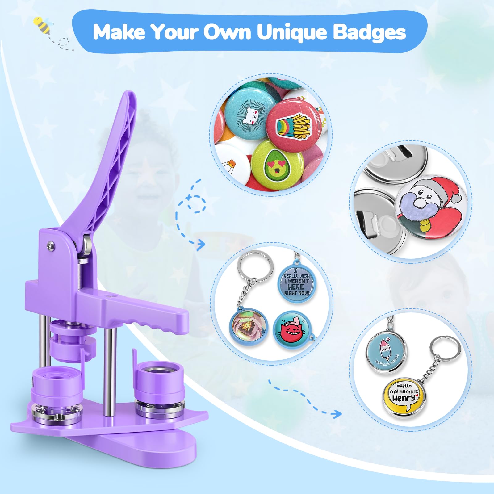 Machine à Badges de 25+32+58 mm, Button Maker 300 Ensembles de Badges en Plastique, Zimiking Machine de Pressage de Badges avec 10 Décapsuleurs, 10 Porte-clés, Moules et Découpe-Papiers Ronds (Violet)