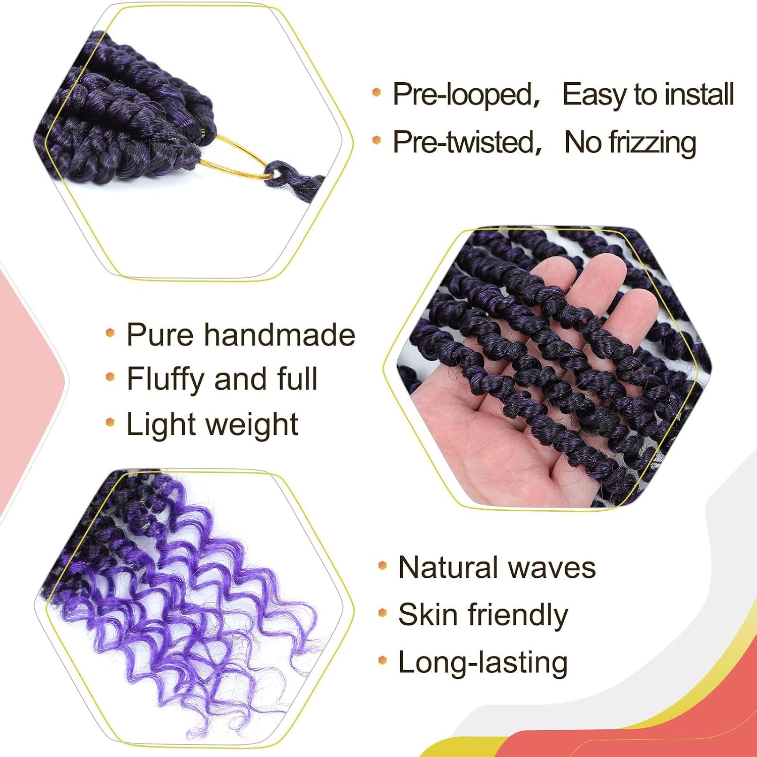 Alicoco Passion Twist Crochet Hair 8 Inch Passion Twist Hair Pre Looped 8 Packs Spring Twist Crochet Braids with Curly Ends Pre-Twisted Crochet Hair for Women (1B/Purple)