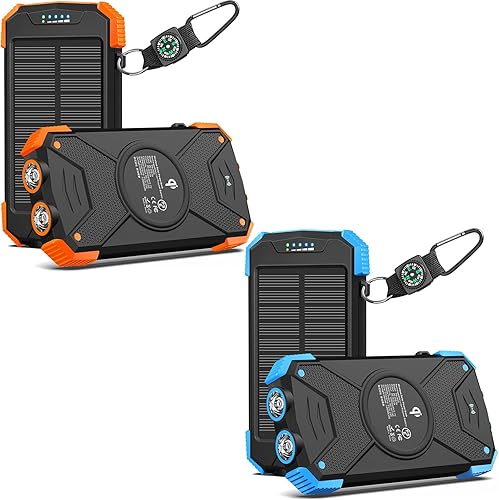 Cargador solar para teléfono de 10.000 mAh con linterna doble, juego de dos (naranja y negro)
