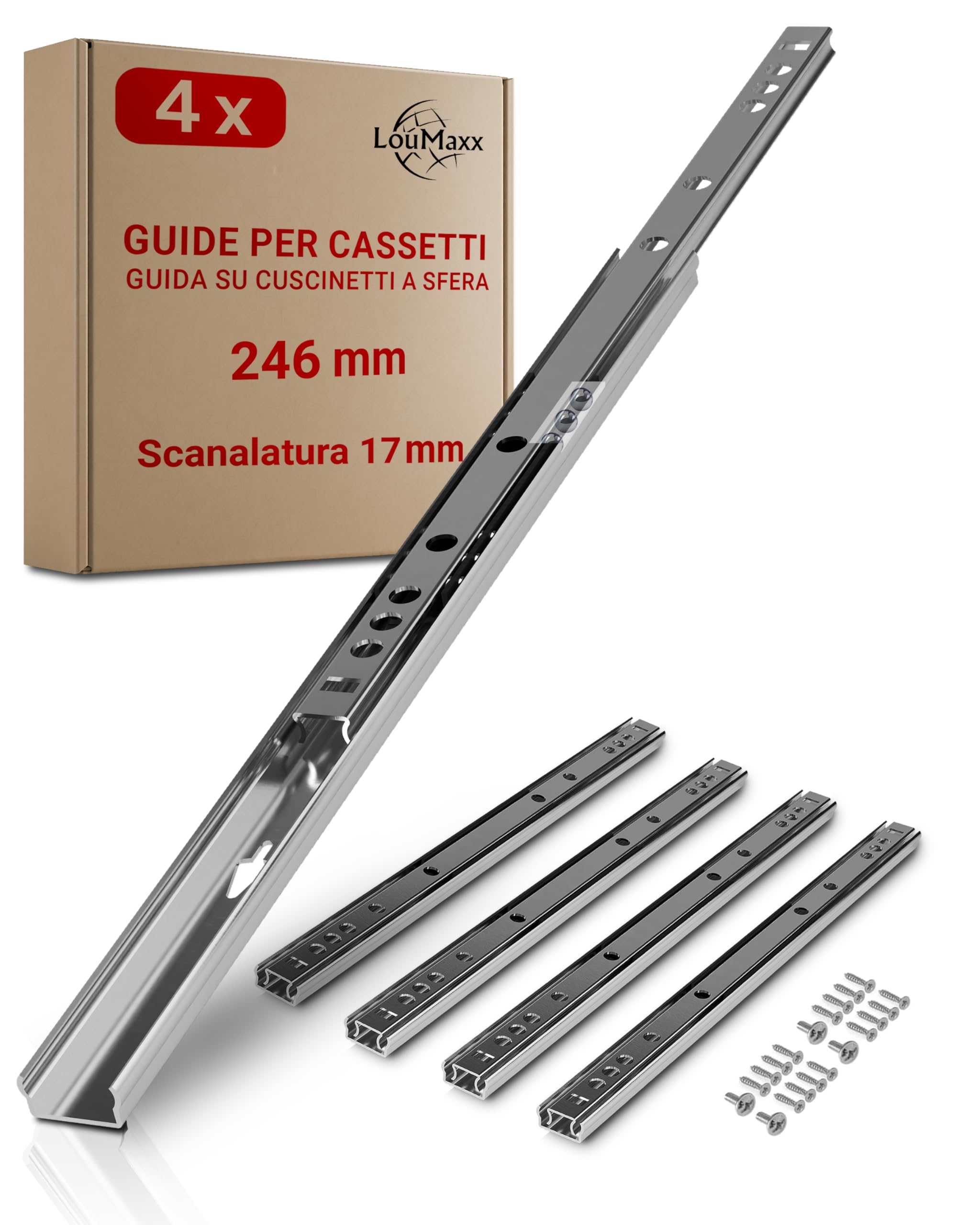 LouMaxx Guide a Sfera per Cassetti, Set da 2 Pezzi (1Paio), Binari Cassetti Scorrevoli 240mm 17mm, Guide a Estrazione, per Cassetti Estraibili, Semplici da Montare