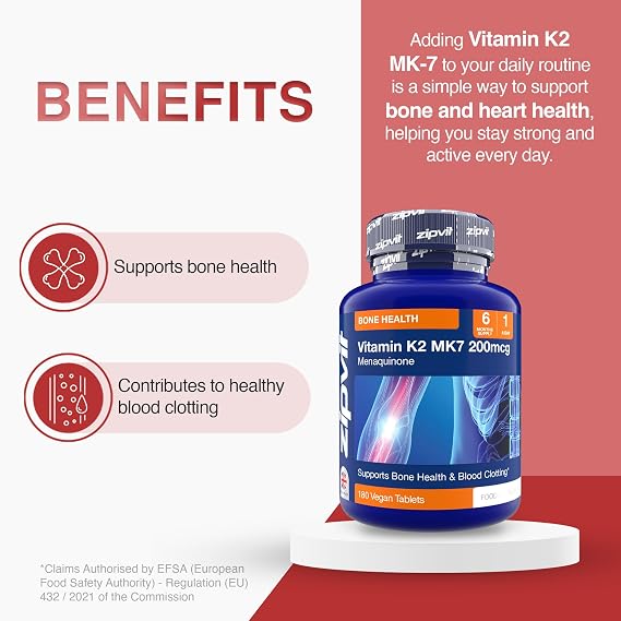 Zipvit Vitamin K2 MK7 200mcg, High Strength K2 Vitamin Supplement, Supports Heart & Bone Health, 180 Vegan Tablets, 6 Months Supply