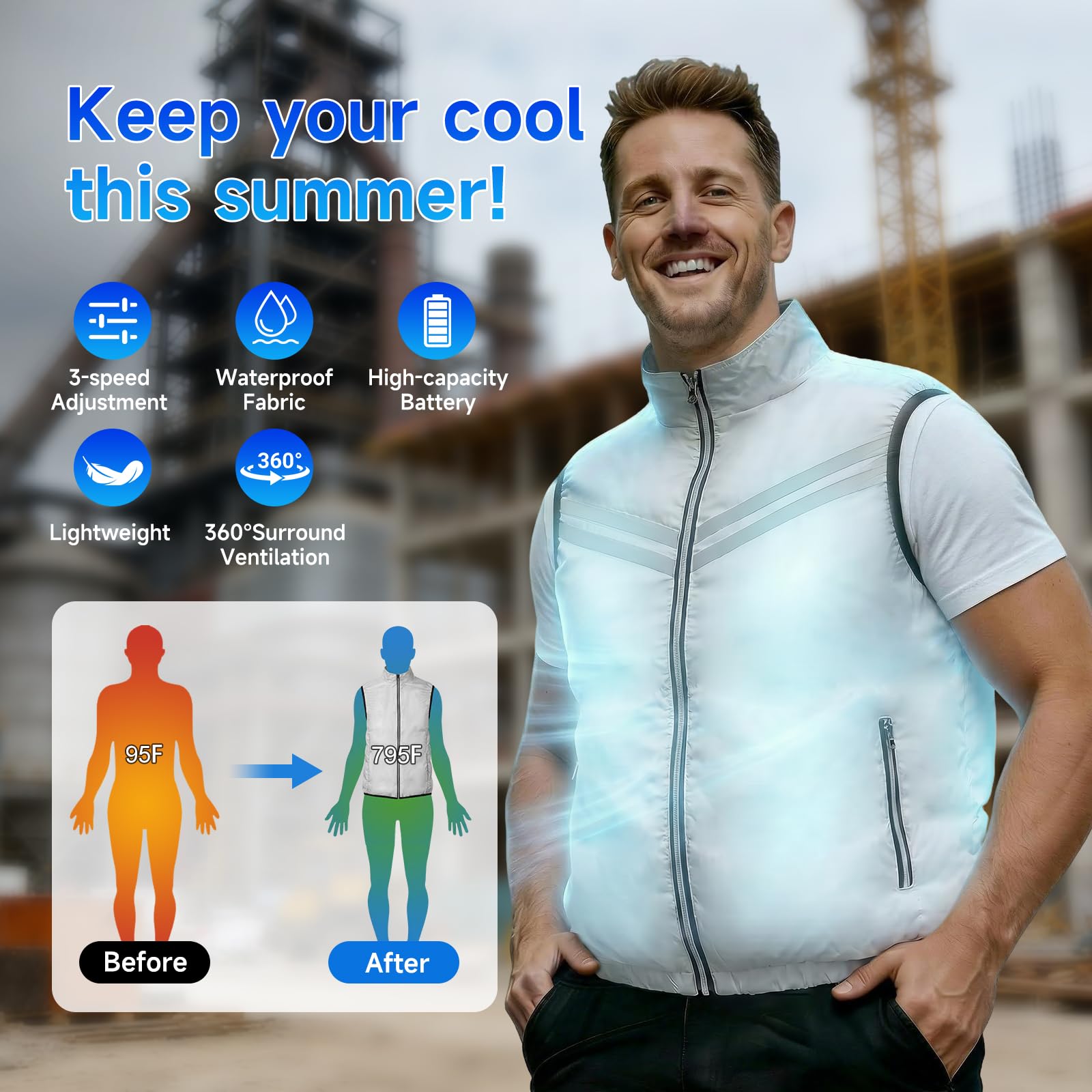 Gilet di raffreddamento da uomo con Power Bank da 30000 mAh e doppia ventola di runtime Ventilatore indossabile con aria condizionata per l'estate
